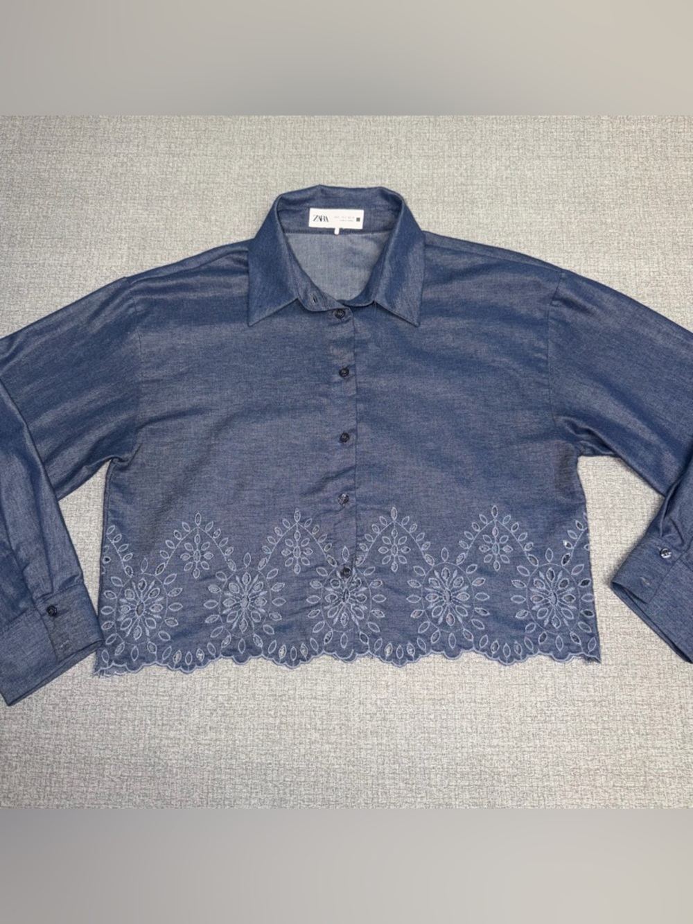 Zara Chambray Eyelet Embroidered Cropped Button Down Shirt - Picture 2 of 9